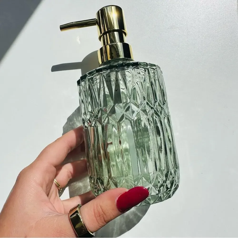 NEW West Elm Gold Green Vintage Etched Glass MidCentury Modern Soap Dispenser